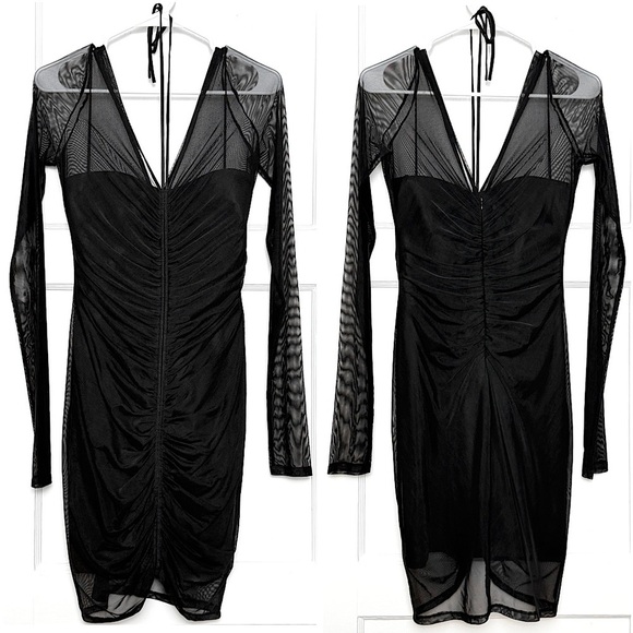 CINQ A SEPT 90s Sheer Mesh Long Sleeve Ruched V-Neck Bodycon Mini Dress 10 - Picture 3 of 5